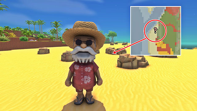 NPC-ニックの見た目。赤いアロハシャツに麦わら帽子、サングラス、ビーチサンダルを着用している白髭の老人