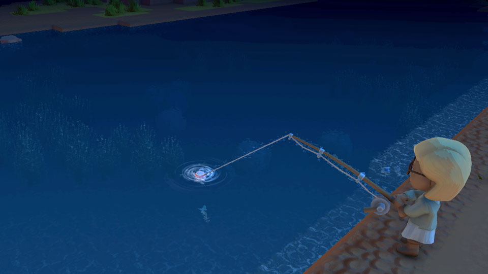 夜の川で魚釣りをする様子